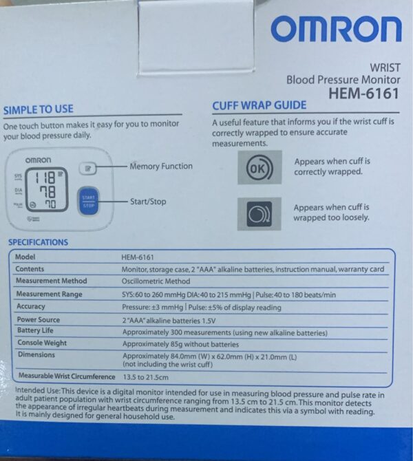 Omron Wrist Blood Pressure Monitor ( HEM - 6161) - Image 2